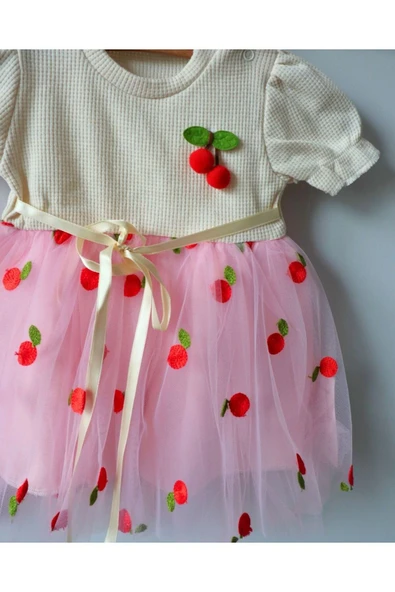 TinyAlp Kiraz Desenli Tüllü Şık Ve Rahat Kız Bebek Elbise - 4