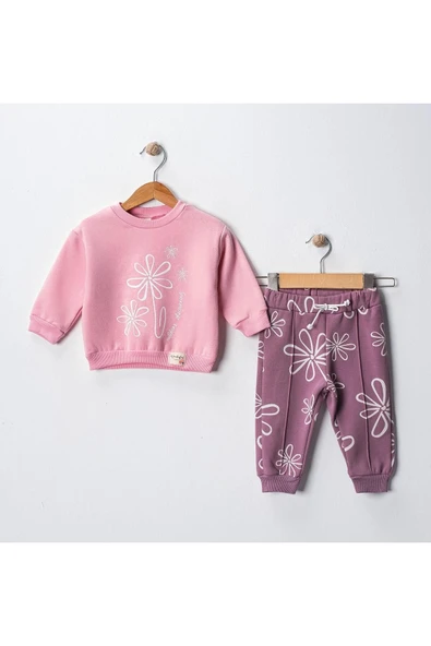 TinyAlp Çiçek Desenli 3 Iplik Şardonlu Kalın Kışlık Rahat Yumuşak Kız Bebek Takım