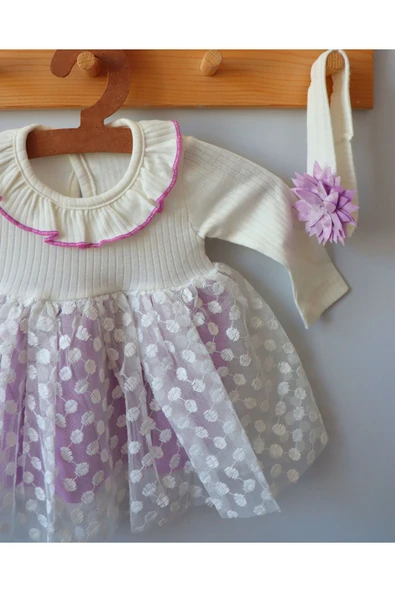 TinyAlp Bayramlık Tütülü Punatiye Detaylı Bebe Yaka Bandanalı Kız Bebek Elbise - 5