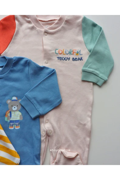 Necix's Pamuklu Rahat Tasarım Ayıcık Desenli Patikli Yenidoğan 3'lü Erkek Bebek Tulum - 2