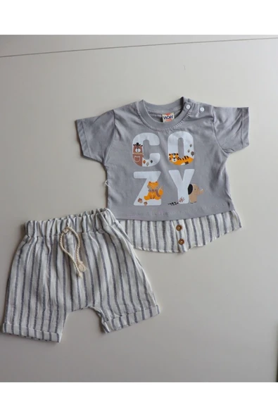 TinyAlp Eğlenceli Tasarım Desenli Yazlık Rahat Şortlu Erkek Bebek Takım - 9