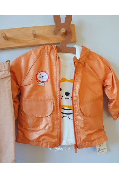 TinyAlp Aslan Desenli Kapşonlu Yağmurluk Ve Alt Üst Erkek Bebek 3'lü Takımı - 2