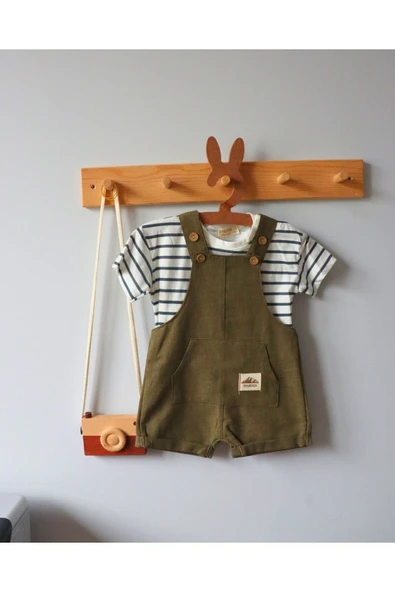 TinyAlp Tasarım Desenli Naturel Keten Kumaş Doğal Ve Soft Renkli Erkek Bebek Tulum Takım