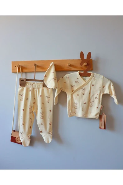 TinyAlp Ördek Desenli Sevimli Tasarım Model Naturel Kumaş Kız Bebek Yenidoğan Takımı