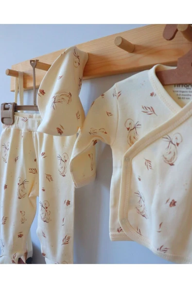 TinyAlp Ördek Desenli Sevimli Tasarım Model Naturel Kumaş Kız Bebek Yenidoğan Takımı - 6