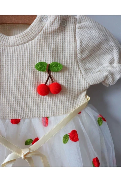 TinyAlp Kiraz Desenli Tüllü Şık Ve Rahat Kız Bebek Elbise - 8