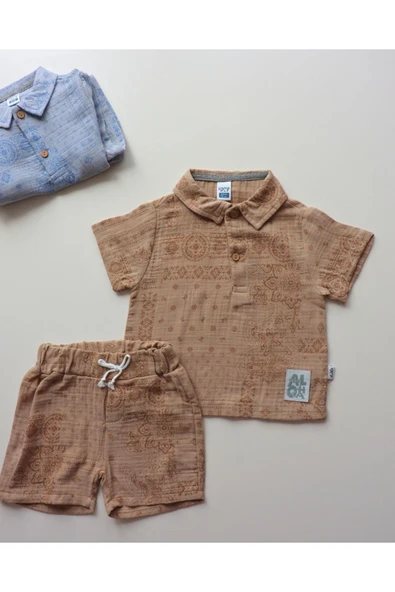 TinyAlp Müslin Kumaş Tasarım Etnik Desen Erkek Bebek Yazlık Takım - 2