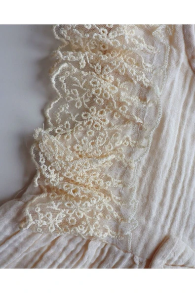 TinyAlp Dantel Güpürlü Naturel Müslin Kumaş Kız Çocuk Elbise - 6