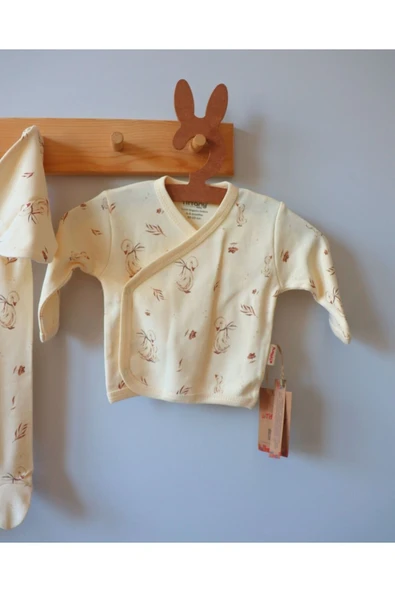 TinyAlp Ördek Desenli Sevimli Tasarım Model Naturel Kumaş Kız Bebek Yenidoğan Takımı - 2