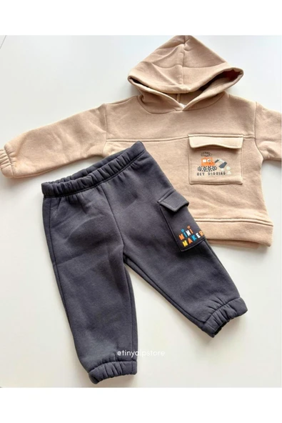TinyAlp Şardonlu 3 Iplik Kalın Kumaş Kışlık Kargo Cep Detaylı Kapüşonlu Bebek Alt Üst Takımı