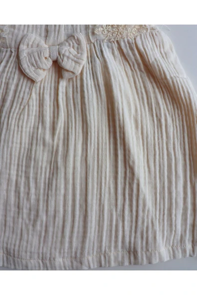 TinyAlp Dantel Güpürlü Naturel Müslin Kumaş Kız Çocuk Elbise - 8