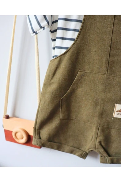 TinyAlp Tasarım Desenli Naturel Keten Kumaş Doğal Ve Soft Renkli Erkek Bebek Tulum Takım - 5