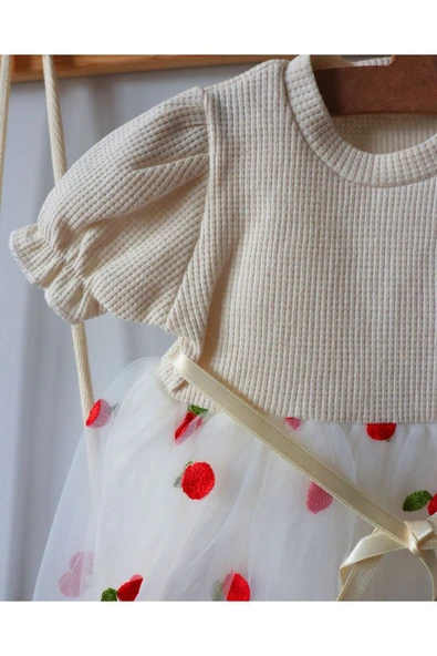 TinyAlp Kiraz Desenli Tüllü Şık Ve Rahat Kız Bebek Elbise - 9