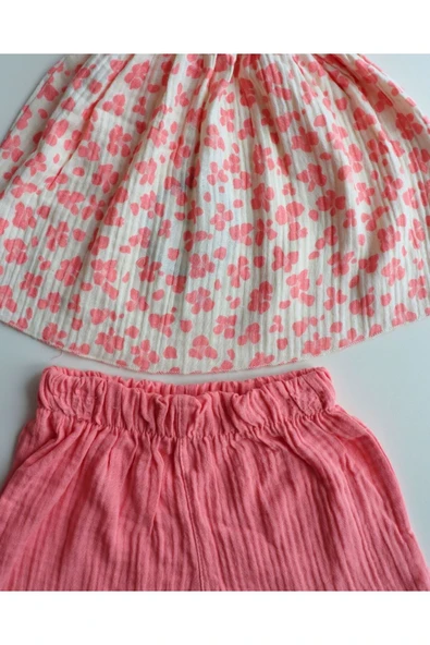 TinyAlp Yazlık Naturel Müslin Kumaş Askılı ve Şortlu Kız Çocuk Takım - 4