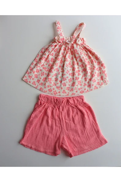 TinyAlp Yazlık Naturel Müslin Kumaş Askılı ve Şortlu Kız Çocuk Takım - 2