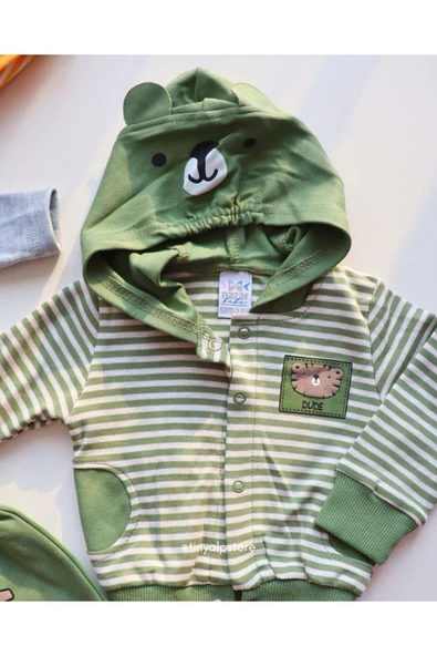 TinyAlp Basic Tasarım Desen Soft Renkli Çizgili Rahat Kumaş Zıbın ve Kapşon 3'lü Erkek Bebek Takım - 8