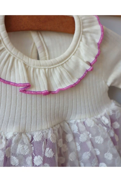 TinyAlp Bayramlık Tütülü Punatiye Detaylı Bebe Yaka Bandanalı Kız Bebek Elbise - 3