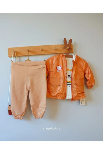 TinyAlp Aslan Desenli Kapşonlu Yağmurluk Ve Alt Üst Erkek Bebek 3'lü Takımı
