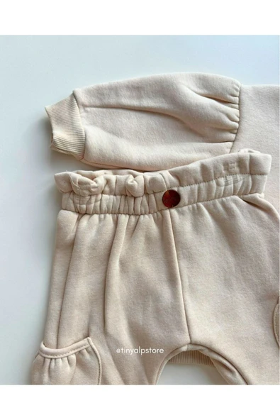 TinyAlp Şardonlu 3 Iplik Kalın Kumaş Kışlık Kargo Cep Detaylı Kapüşonlu Bebek Alt Üst Takımı - 6