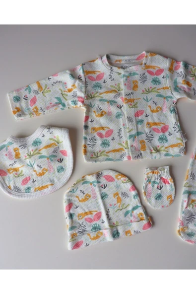 TinyAlp Soft Renkli ve Şık Tasarımlı Naturel Kumaş Kız Bebek 5'li Hastane Çıkış Seti - 7