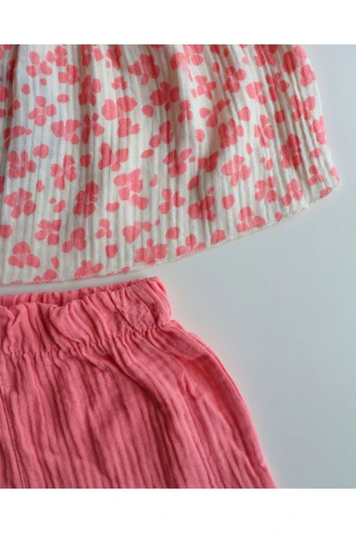 TinyAlp Yazlık Naturel Müslin Kumaş Askılı ve Şortlu Kız Çocuk Takım - 8