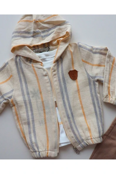 TinyAlp Bayramlık  Tasarım Desenli Ham Naturel Yumuşacık Keten Kumaş Erkek Bebek 3'lü Takım - 4