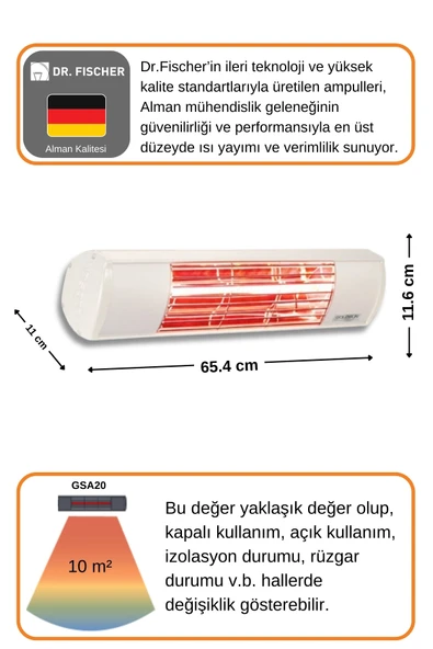 Goldsun Aqua 2000 Watt GSA20 Kumandasız Suya Dayanıklı Elektrikli İnfrared Isıtıcı-Beyaz - Resim 4