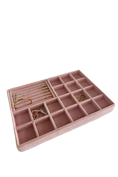 Bakü Model Süet Pembe Renk 34/24 cm Bölmeli-Sosisli Çekmece Içi Takı Standı - 3