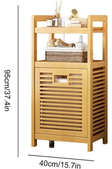 Mien Bambu Dikey Çamaşır Sepeti Raflı Çamaşır Sepeti 40x30x95 Cm - Resim 2