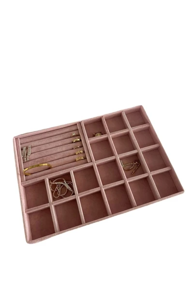 Bakü Model Süet Pembe Renk 34/24 cm Bölmeli-Sosisli Çekmece Içi Takı Standı - 1