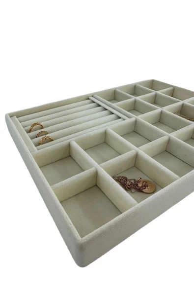 Bakü Model Süet Krem Renk 34/24 cm Bölmeli-Sosisli Çekmece Içi Takı Standı - 2