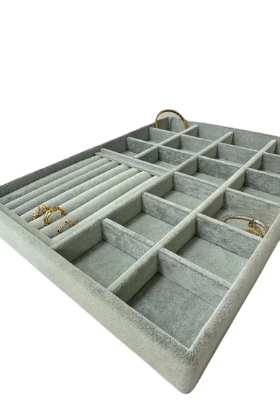 Bakü Model Süet Kumaş Gri Renk 34/24 cm Bölmeli-Sosisli Çekmece Içi Takı Standı - 3