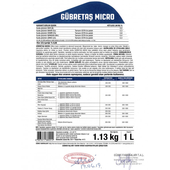 Gübretaş Micro Organik Sıvı İz Elementli Mikro Bitki Besin Maddeleri Karışımı Bor Bakır Demir Mangan Çinko Gübre 1 Lt - 4