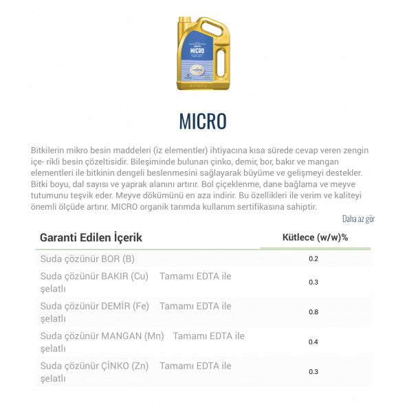 Gübretaş Micro Organik Sıvı İz Elementli Mikro Bitki Besin Maddeleri Karışımı Bor Bakır Demir Mangan Çinko Gübre 1 Lt - 5