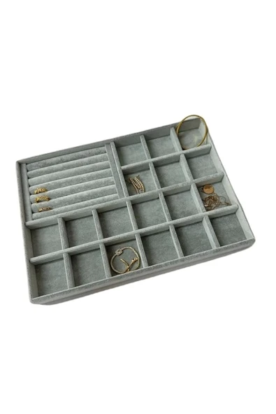 Bakü Model Süet Kumaş Gri Renk 34/24 cm Bölmeli-Sosisli Çekmece Içi Takı Standı - 4