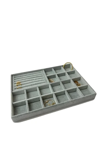 Bakü Model Süet Kumaş Gri Renk 34/24 cm Bölmeli-Sosisli Çekmece Içi Takı Standı - 1