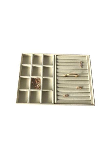 Berlin Model Süet Kumaş Krem Renk 24/34 Cm Sosisli-bölmeli Takı Sergileme Standı - 4