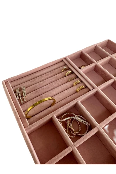 Bakü Model Süet Pembe Renk 34/24 cm Bölmeli-Sosisli Çekmece Içi Takı Standı - 4