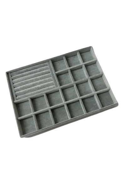 Bakü Model Süet Kumaş Gri Renk 34/24 cm Bölmeli-Sosisli Çekmece Içi Takı Standı - 2