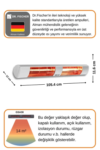 Goldsun Aqua 3000 Watt GSA30 Kumandasız Suya Dayanıklı Elektrikli İnfrared Isıtıcı-Beyaz - Resim 4