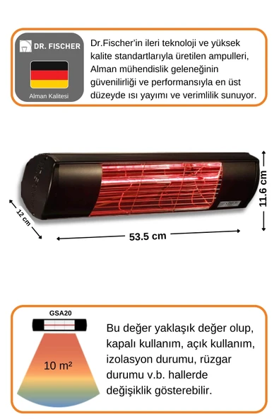 Goldsun Aqua 2000 Watt GSA20LG Düşük Işıklı Kumandasız Suya Dayanıklı Elektrikli İnfrared Isıtıcı-Siyah - Resim 4