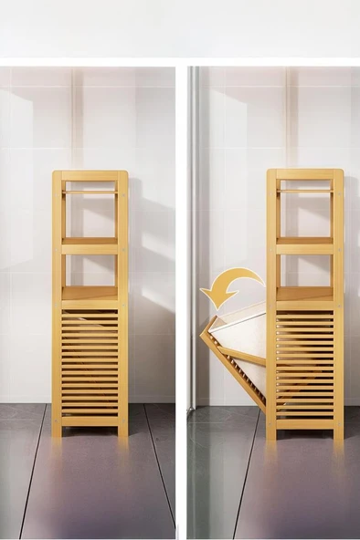 Mien Bambu Dikey Çamaşır Sepeti Raflı Çamaşır Sepeti 40x30x95 Cm - Resim 5