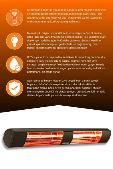 Goldsun Aqua 3000 Watt GSA30 Kumandasız Suya Dayanıklı Elektrikli İnfrared Isıtıcı-Siyah - Resim 3