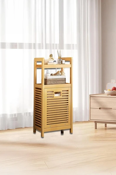 Mien Bambu Dikey Çamaşır Sepeti Raflı Çamaşır Sepeti 40x30x95 Cm - Resim 4