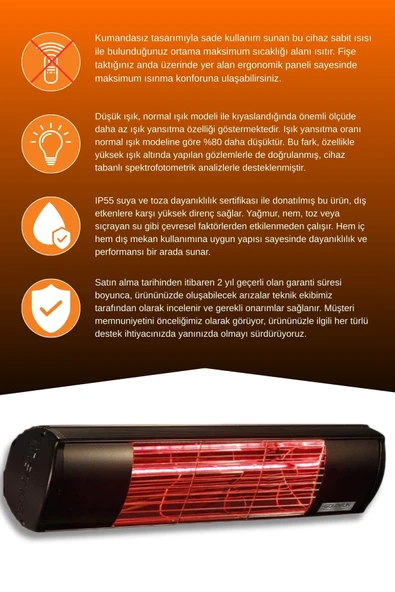 Goldsun Aqua 2000 Watt GSA20LG Düşük Işıklı Kumandasız Suya Dayanıklı Elektrikli İnfrared Isıtıcı-Siyah - Resim 3