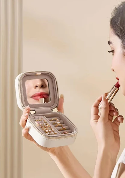MK-35 Lüks Mini Seyahat Takı Kutusu -Takı Mücevher Düzenleyici Aynalı Taşınabilir 10x10x5cm - 4