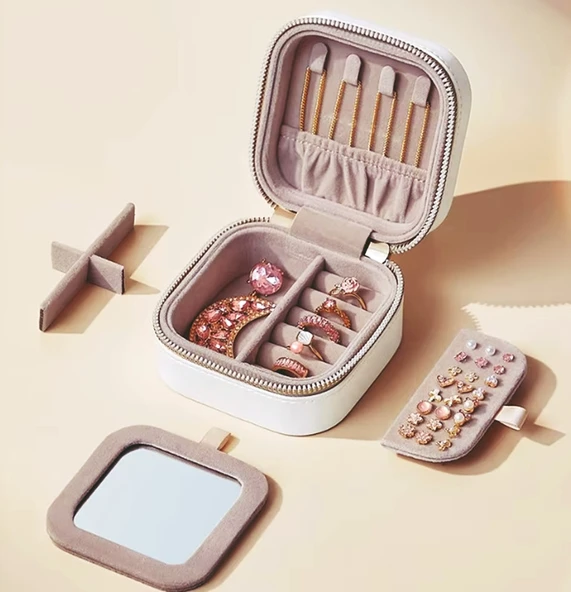 MK-35 Lüks Mini Seyahat Takı Kutusu -Takı Mücevher Düzenleyici Aynalı Taşınabilir 10x10x5cm - 6
