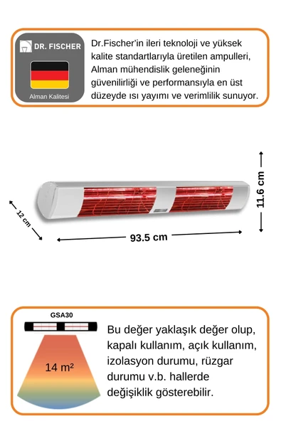 Goldsun Aqua 3000 Watt GSA30LG Düşük Işıklı Kumandasız Suya Dayanıklı Elektrikli İnfrared Isıtıcı-Beyaz - Resim 4