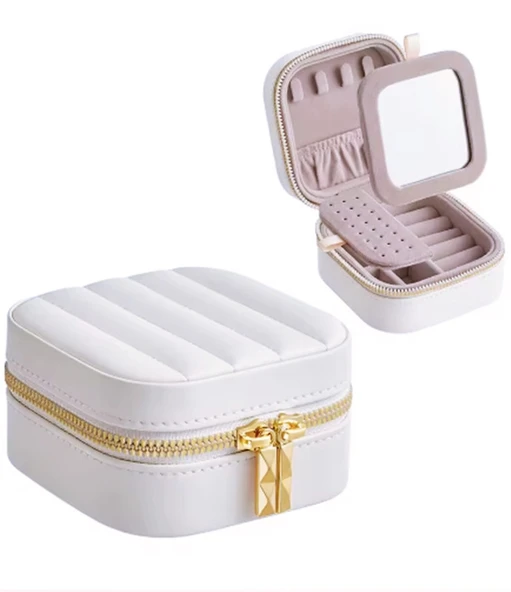 MK-35 Lüks Mini Seyahat Takı Kutusu -Takı Mücevher Düzenleyici Aynalı Taşınabilir 10x10x5cm - 1