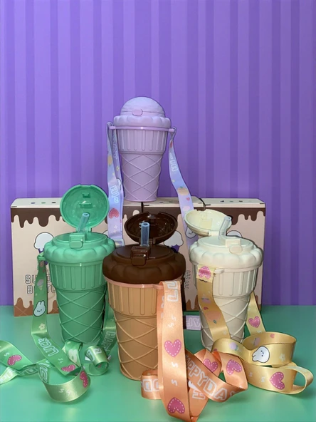 Dondurma Şeklinde Pipetli 500 Ml Krem Matara - 2